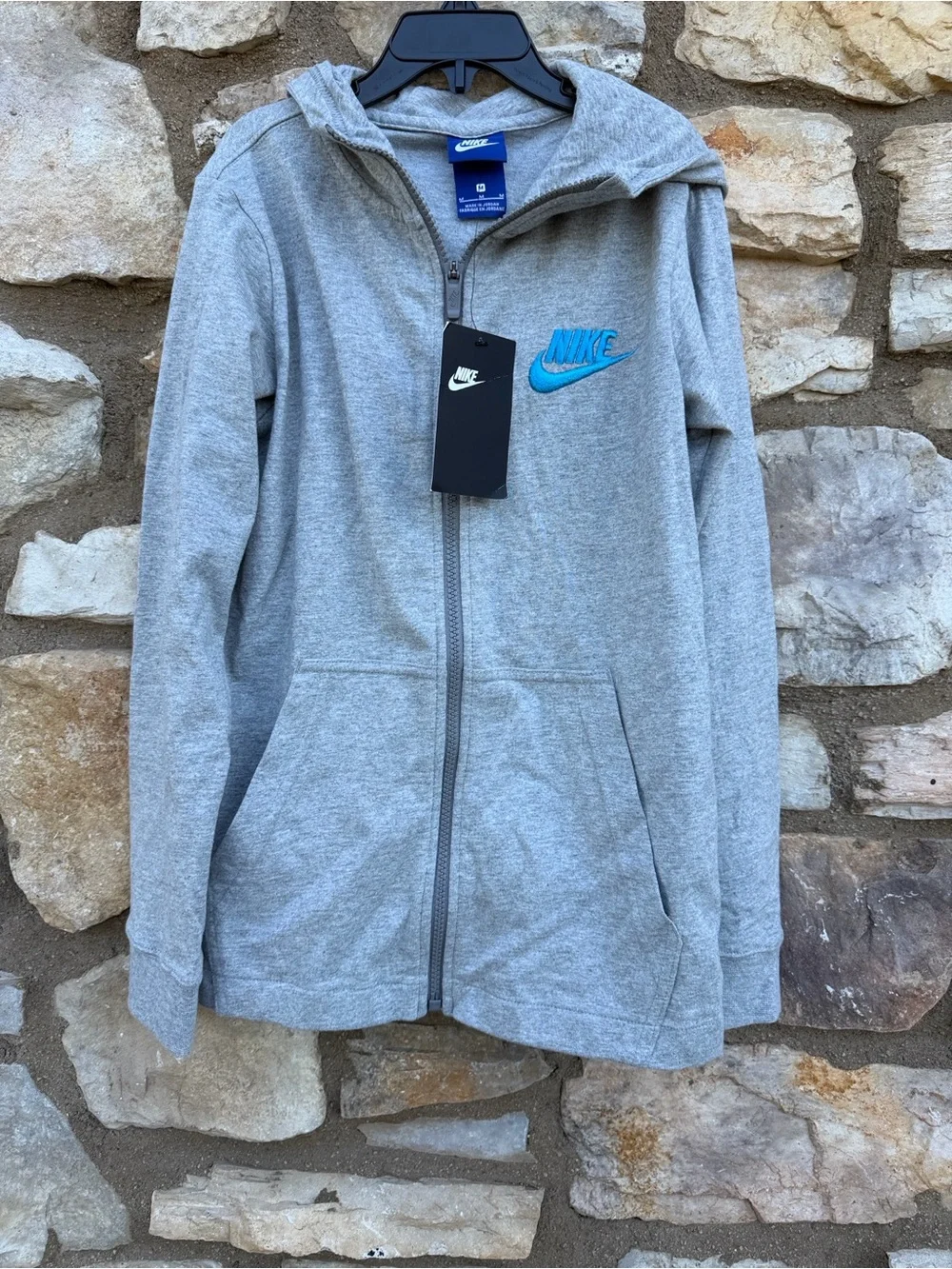 Nike Youth Heather Gray Zip-Up Hoodie with Blue Swoosh size medium NEW